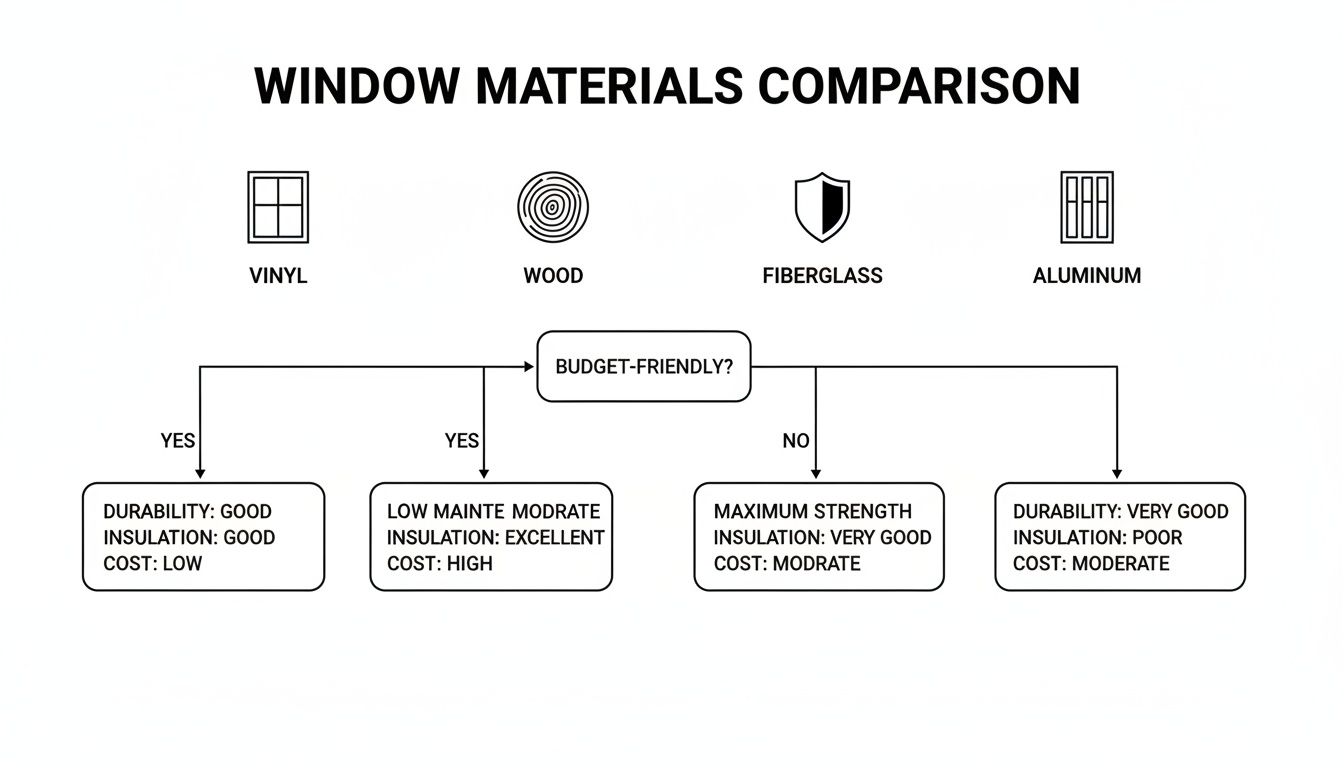 A comparison chart of window materials (Vinyl, Wood, Fiberglass, Aluminum) detailing their durability, insulation, and cost.