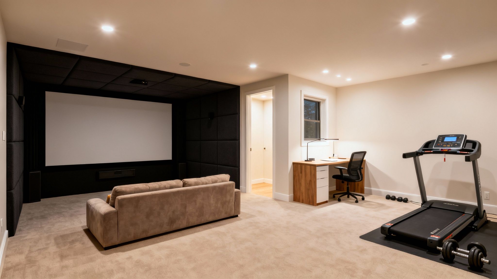 A brightly lit finished basement featuring a home theater, office desk, and a treadmill for exercise.