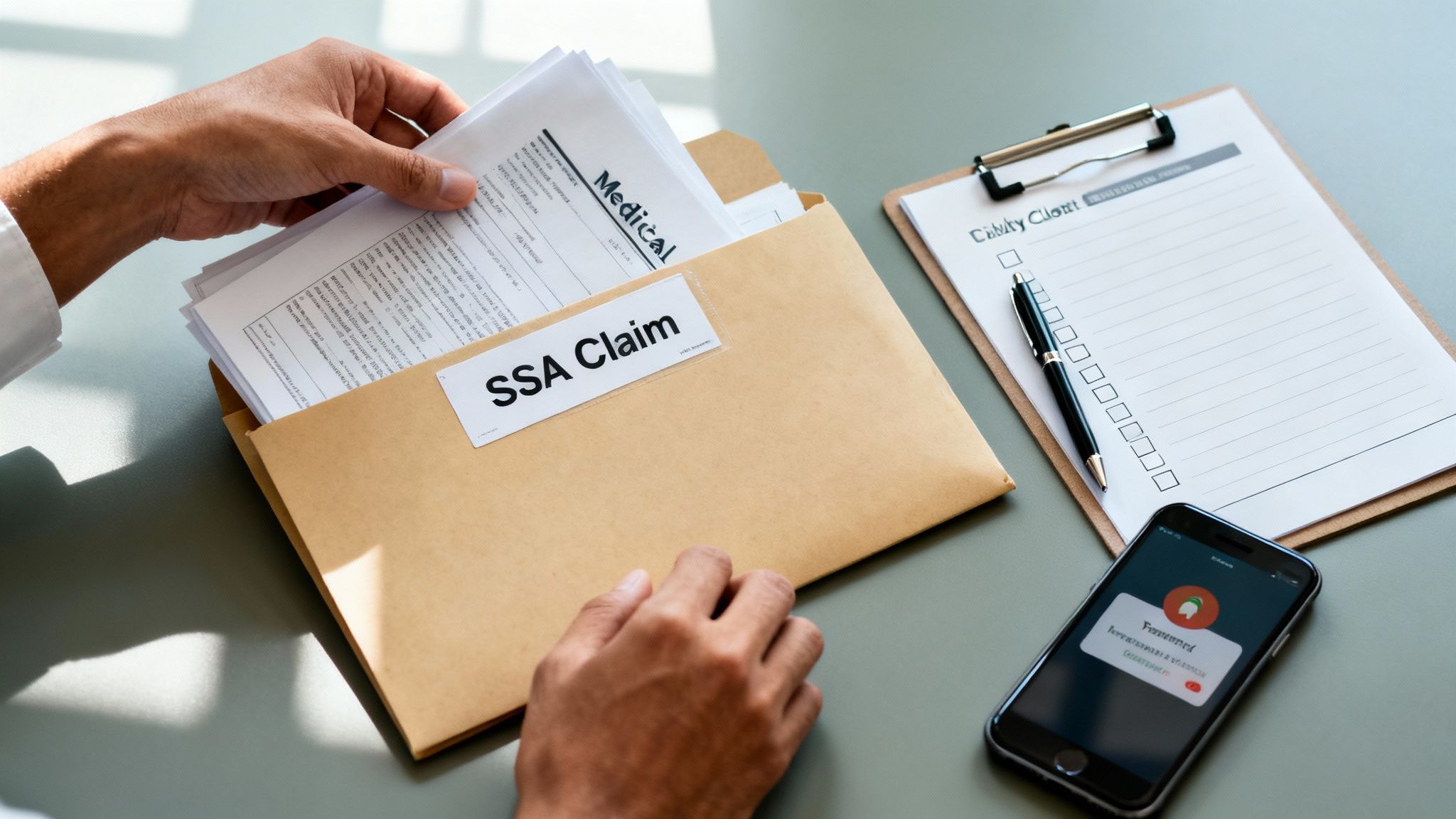 Hands filing 'SSA Claim' and 'Medical' documents into an envelope, with a checklist and smartphone.