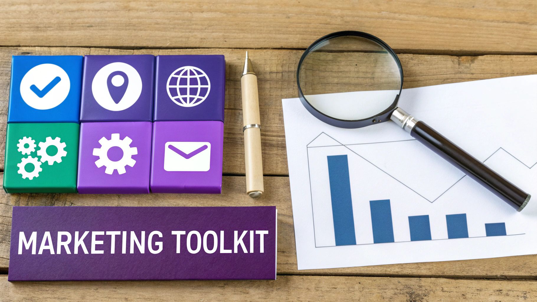 A collection of various marketing tools like a magnifying glass for SEO, a megaphone for PPC, and an envelope for email, all laid out neatly.