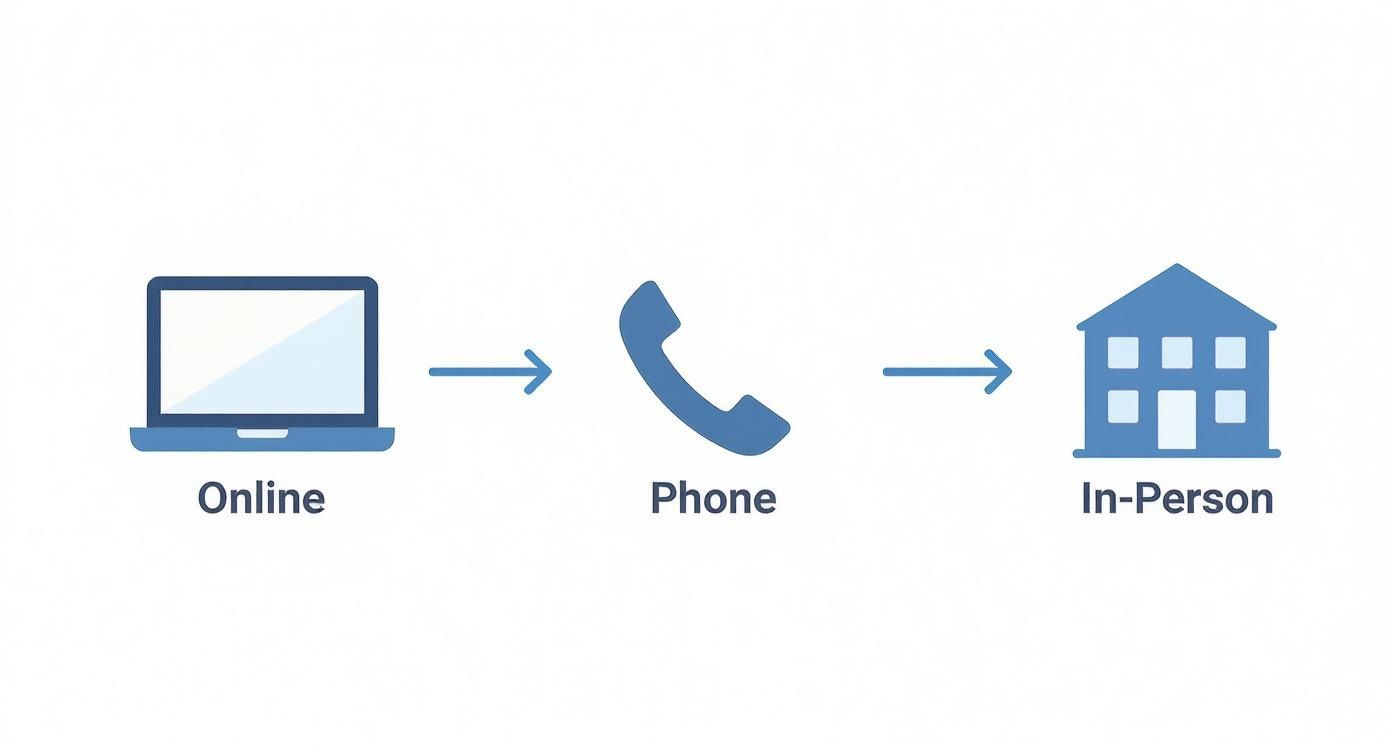 Flowchart showing application contact methods: online via laptop, phone, and in-person at a building.