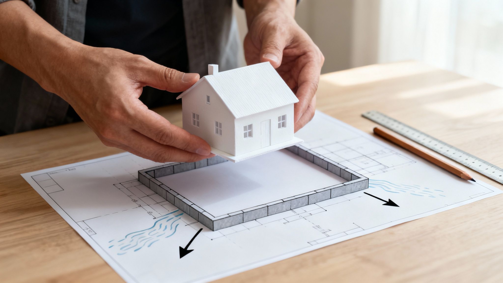 Hands holding a model house over a blueprint with a foundation and drainage design.