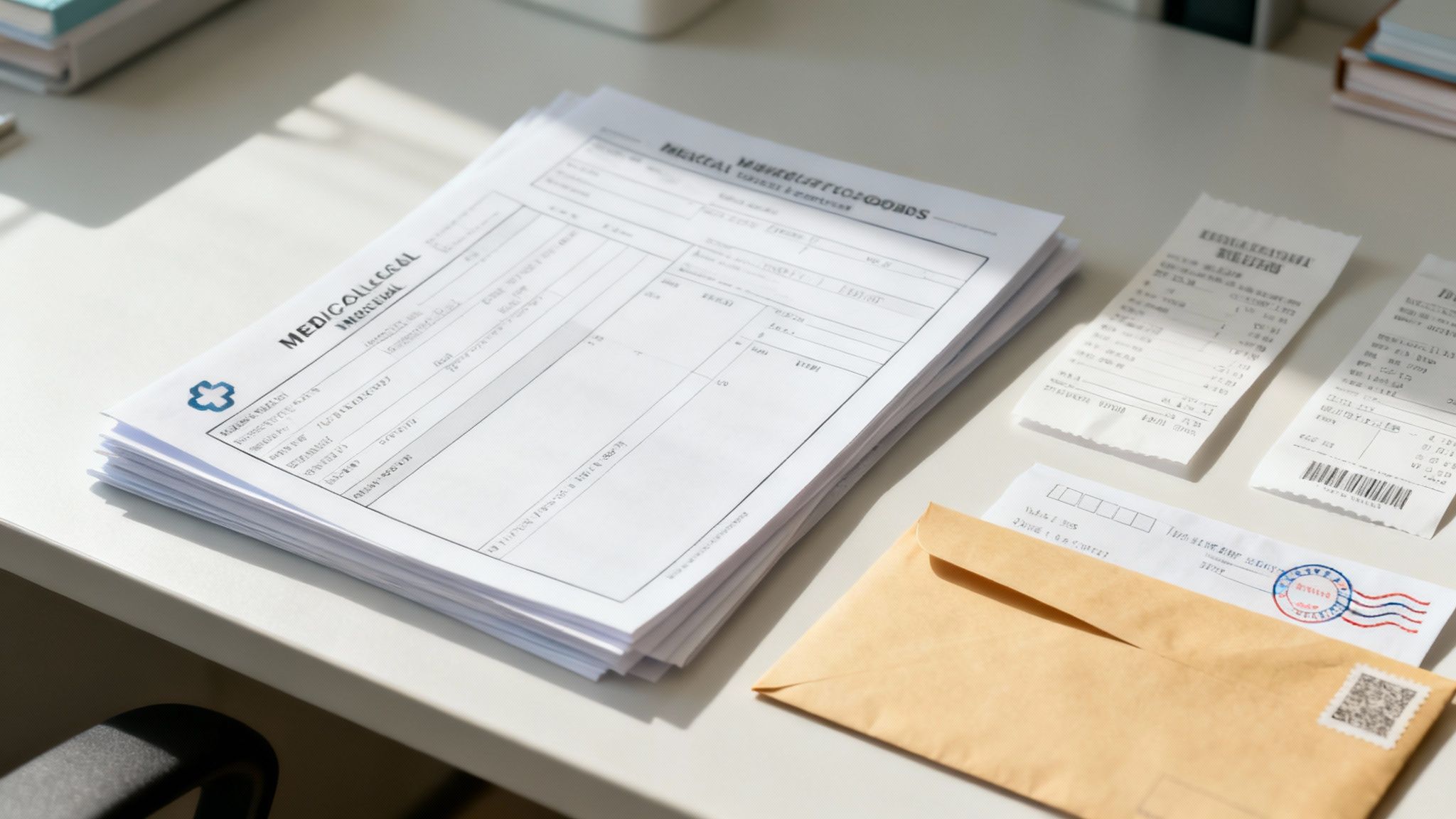 A stack of organized medical files and receipts on a desk.