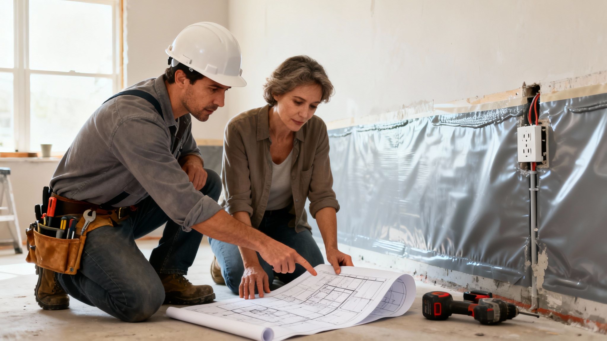 A construction worker and a woman kneeling, examining blueprints during a basement renovation.