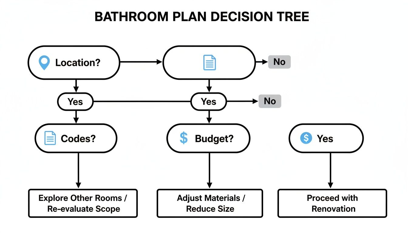 A bathroom plan decision tree flowchart detailing steps for location, codes, and budget considerations.