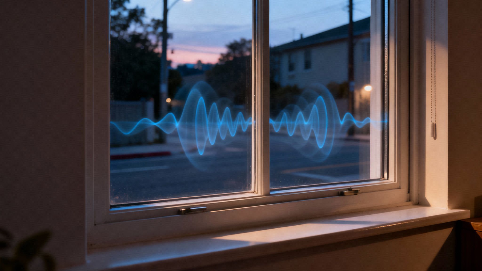 A window at dusk with a glowing blue waveform superimposed, illustrating noise reduction.