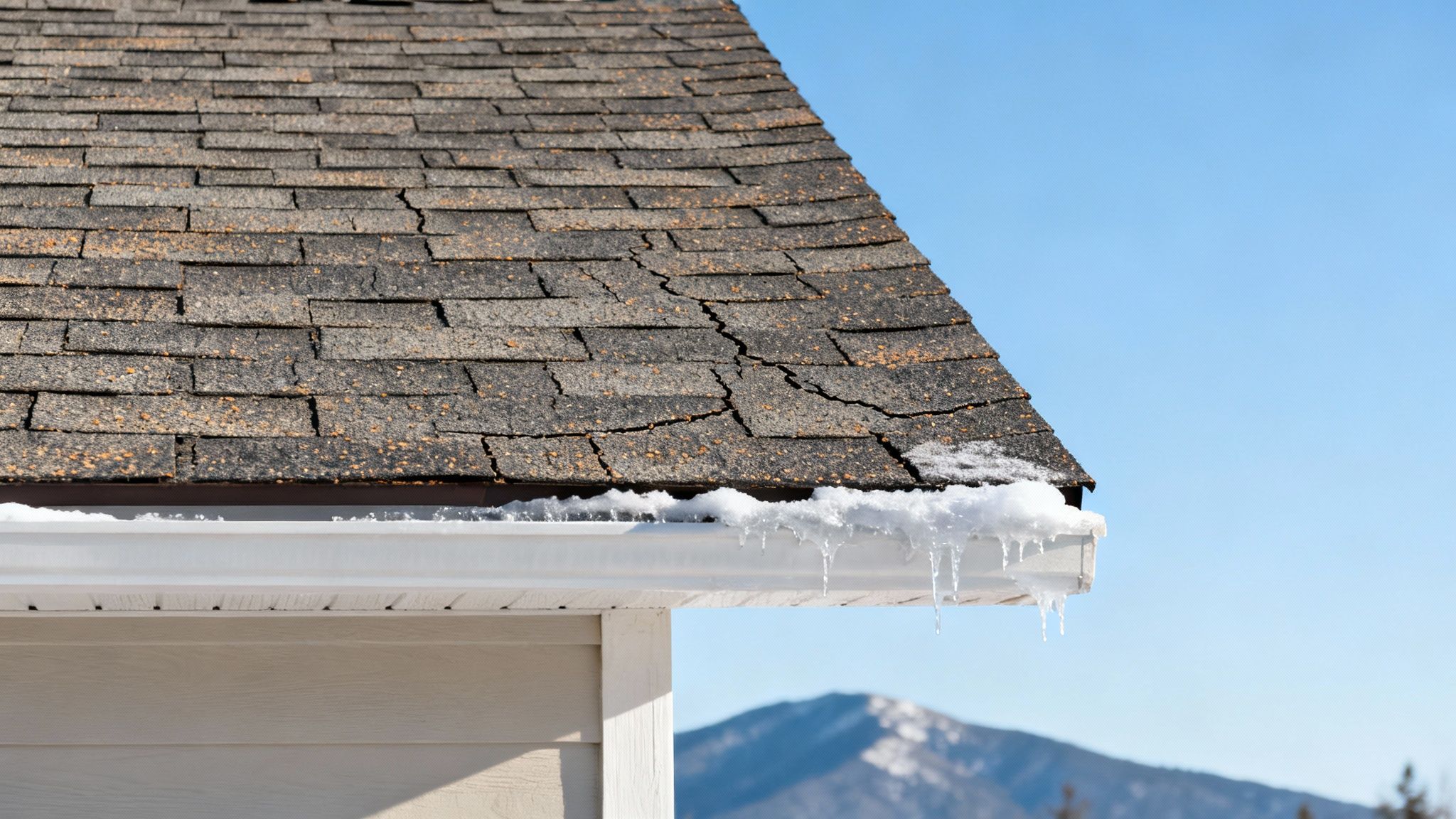 Close-up of old, cracked asphalt roof shingles with snow and icicles on a white gutter.