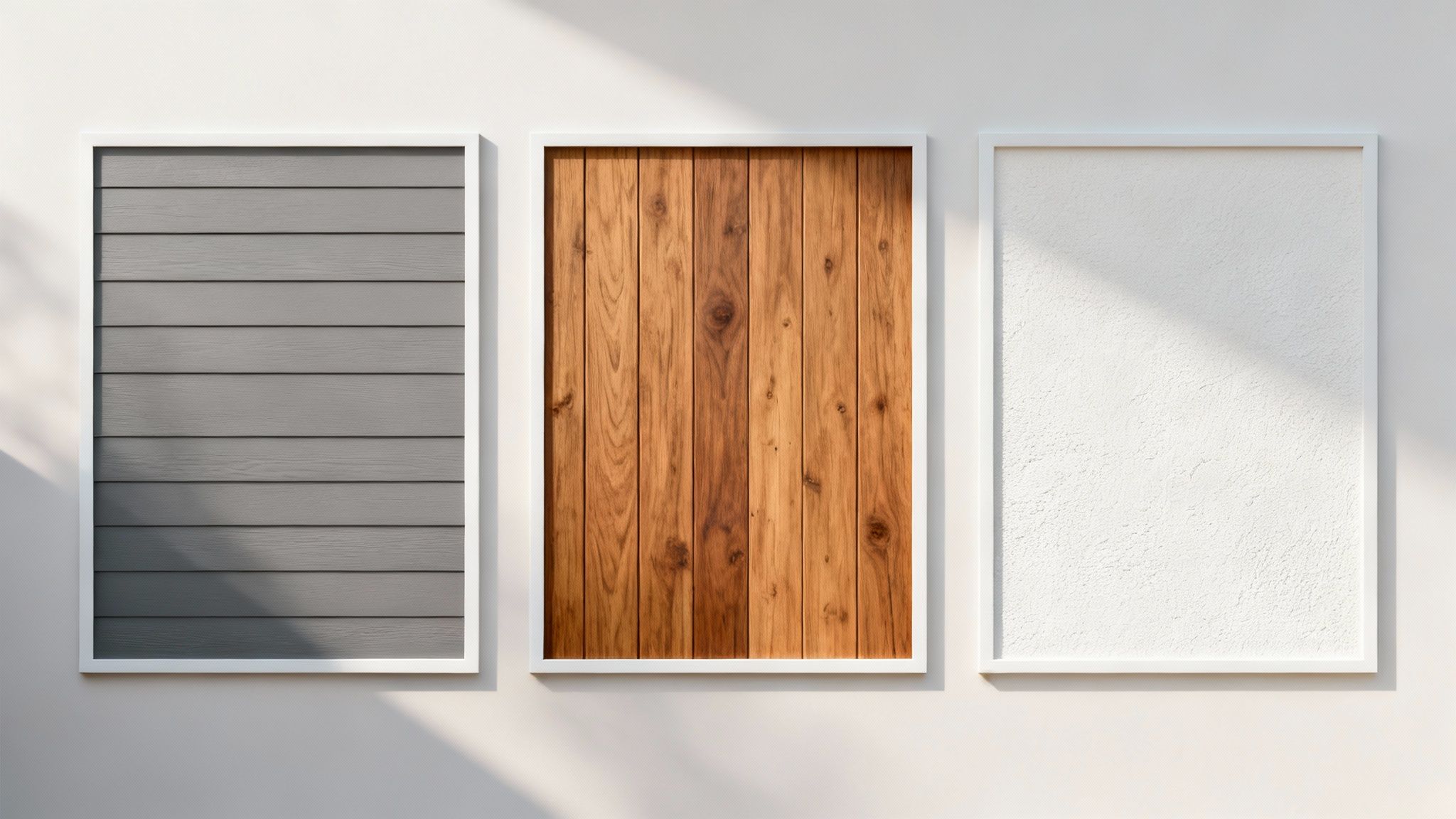 Three framed panels showcasing gray fiber cement siding, natural wood, and white textured wall.