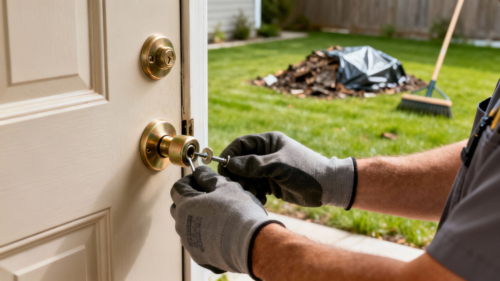 Worker in gloves installing a new brass doorknob and deadbolt on a white exterior door.