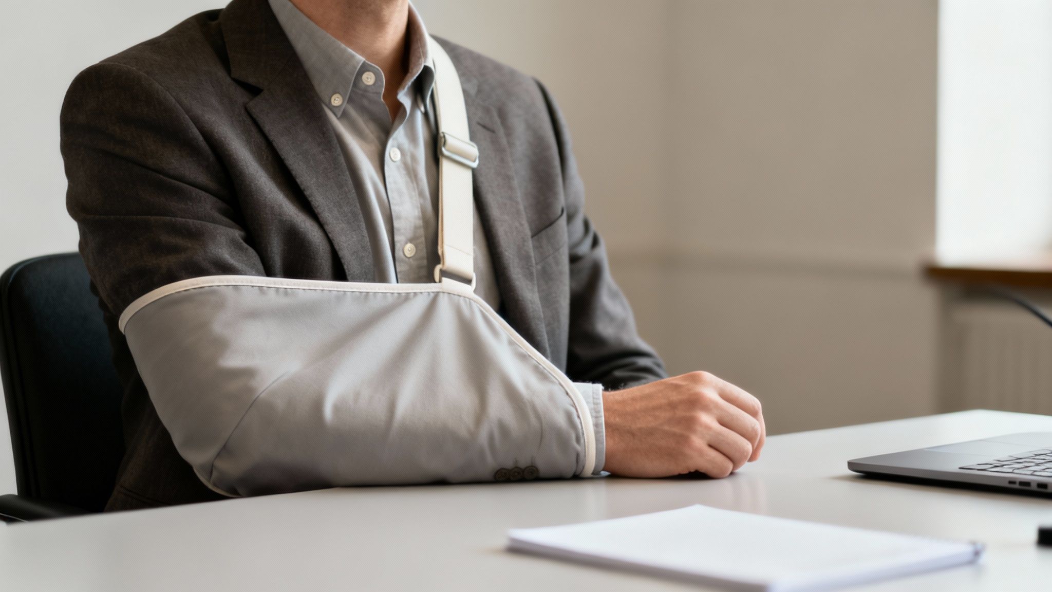 A man in a suit wearing a grey arm sling sits at a desk in a professional setting.