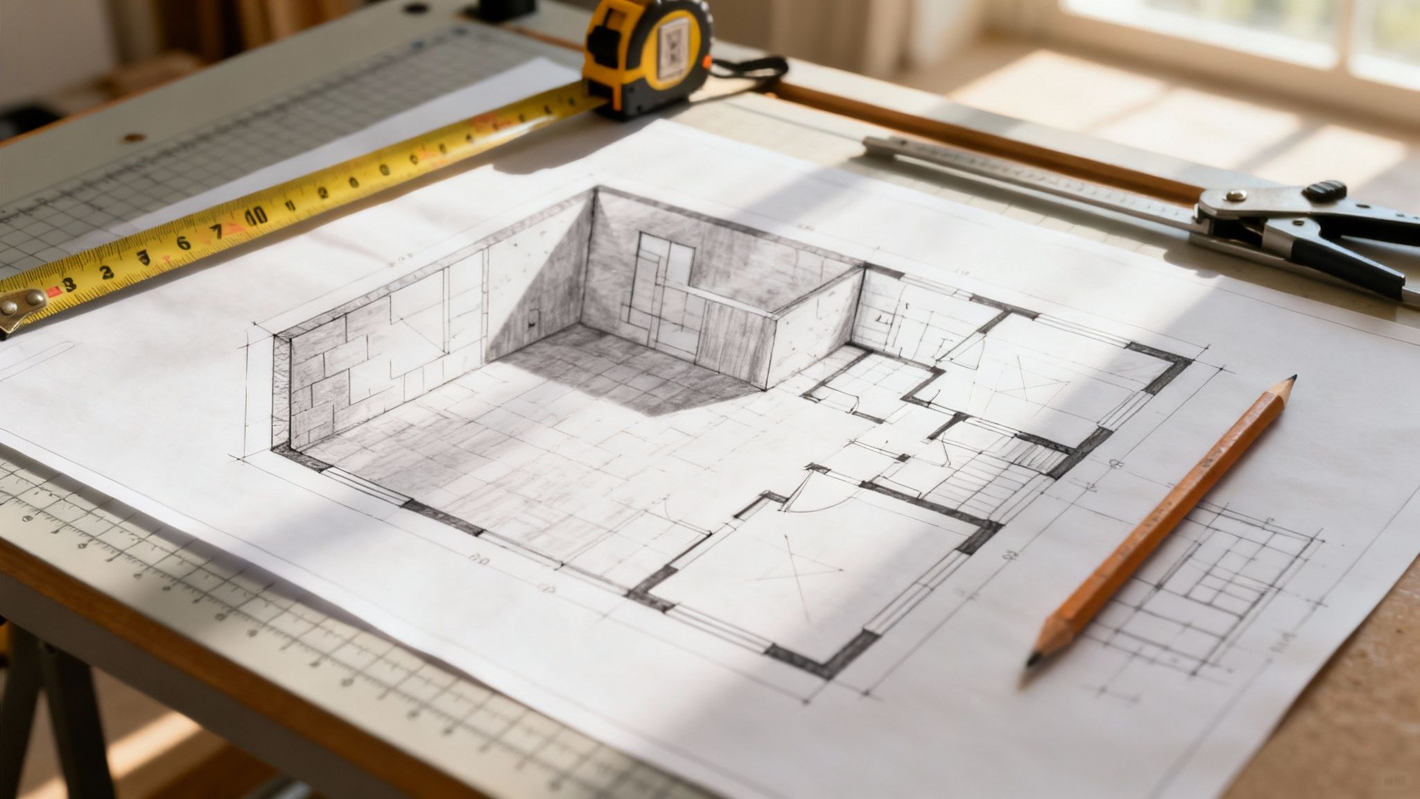 Blueprint of a basement renovation plan being reviewed on a wooden table.
