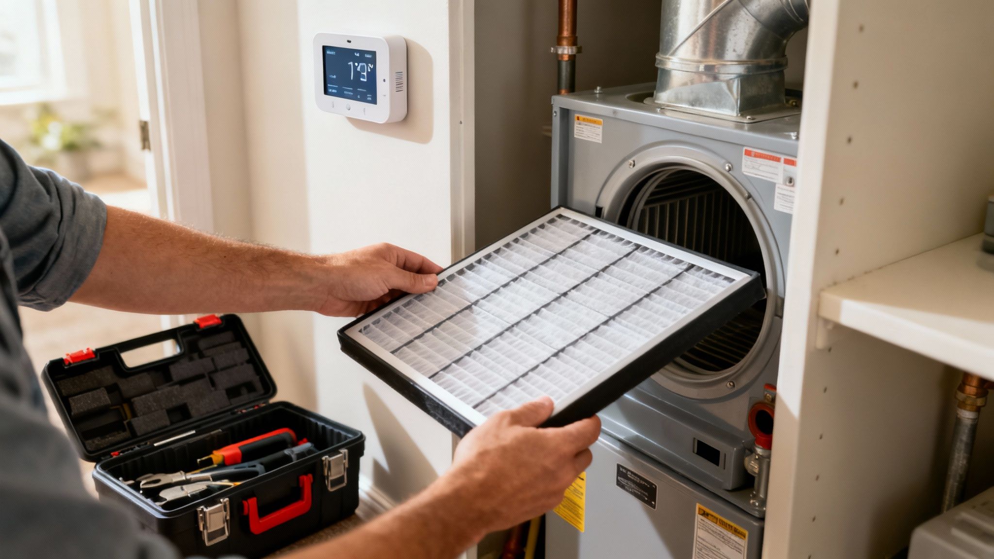 Hands replacing a dirty air filter in an HVAC furnace next to a smart thermostat and toolbox.