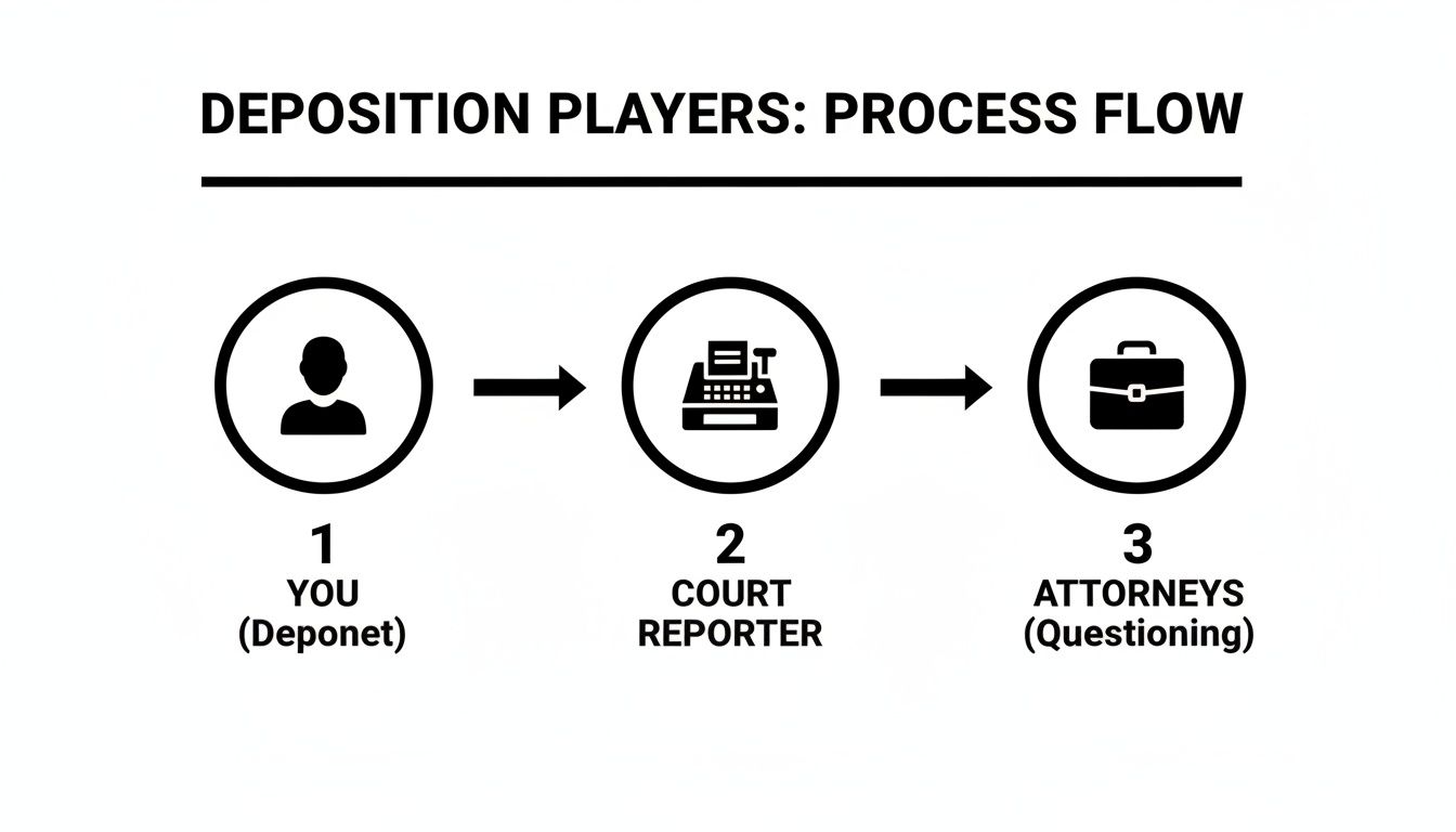 A flow diagram illustrating the deposition process, showing the deponent, court reporter, and questioning attorneys.
