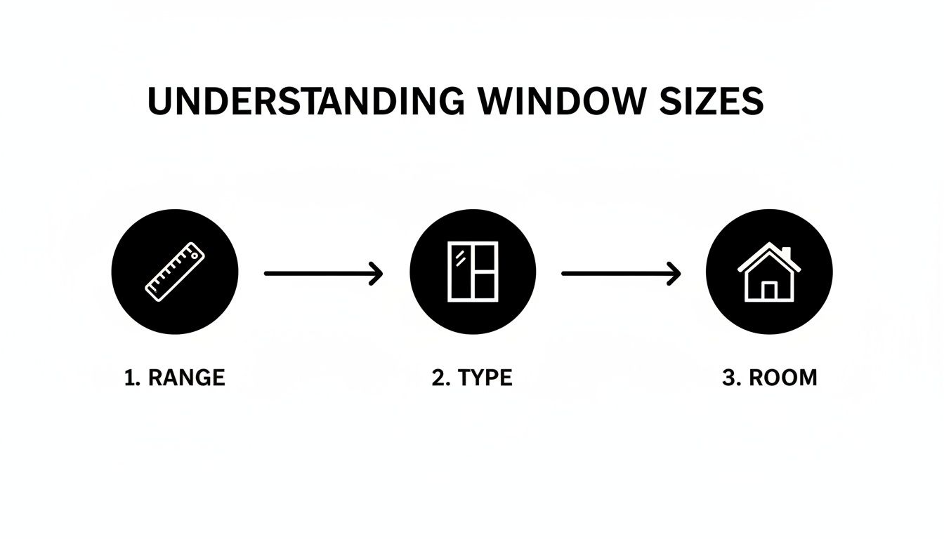 An infographic explaining how to understand window sizes, covering range, type, and room considerations.