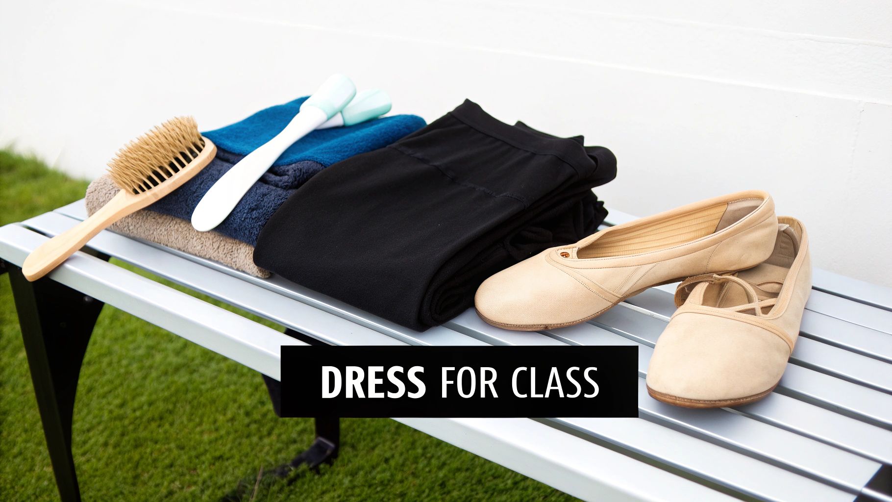 Ballet class essentials laid out on a bench, including leggings, ballet shoes, and grooming tools.