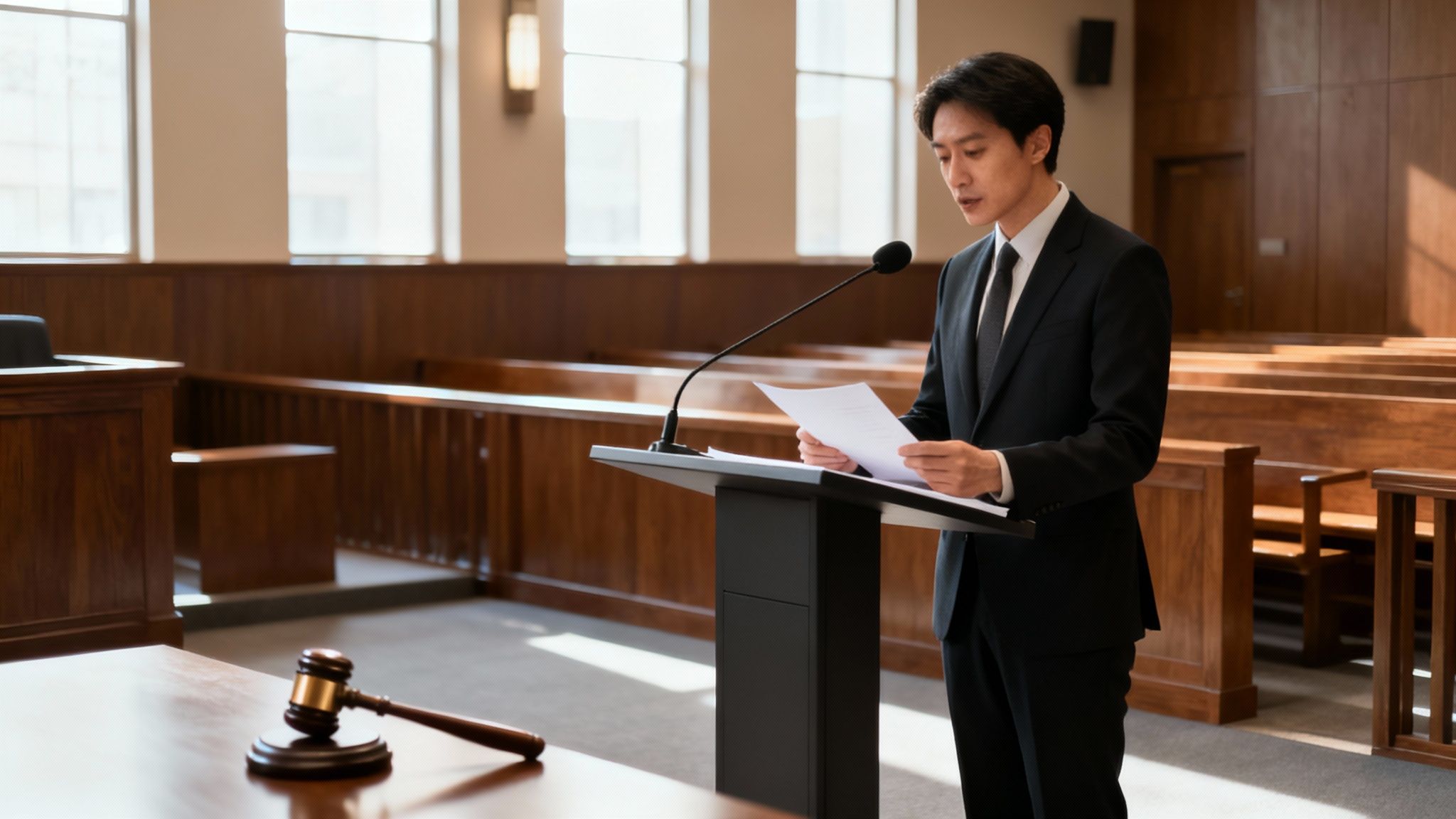 A formal courtroom setting, empty, suggesting the preparation phase before a legal hearing.
