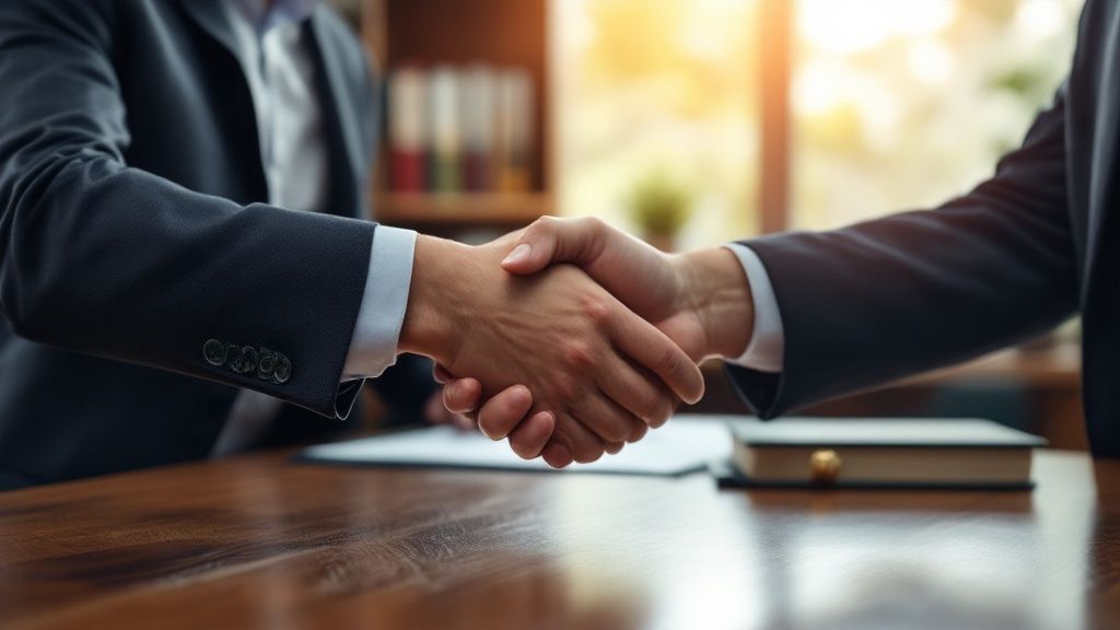 A friendly lawyer meeting with a client in a professional office setting.