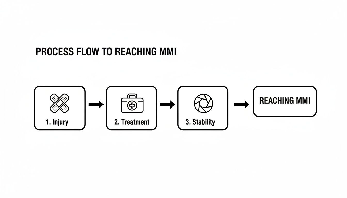 A flow chart illustrating the process to reaching MMI, detailing steps from injury to treatment and stability.