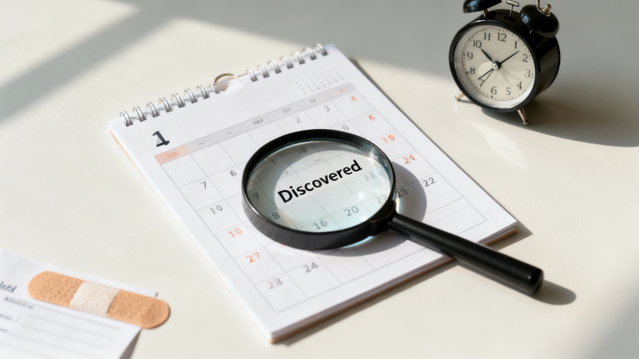 A magnifying glass on a calendar highlighting 'Discovered,' next to an alarm clock and a bandage.