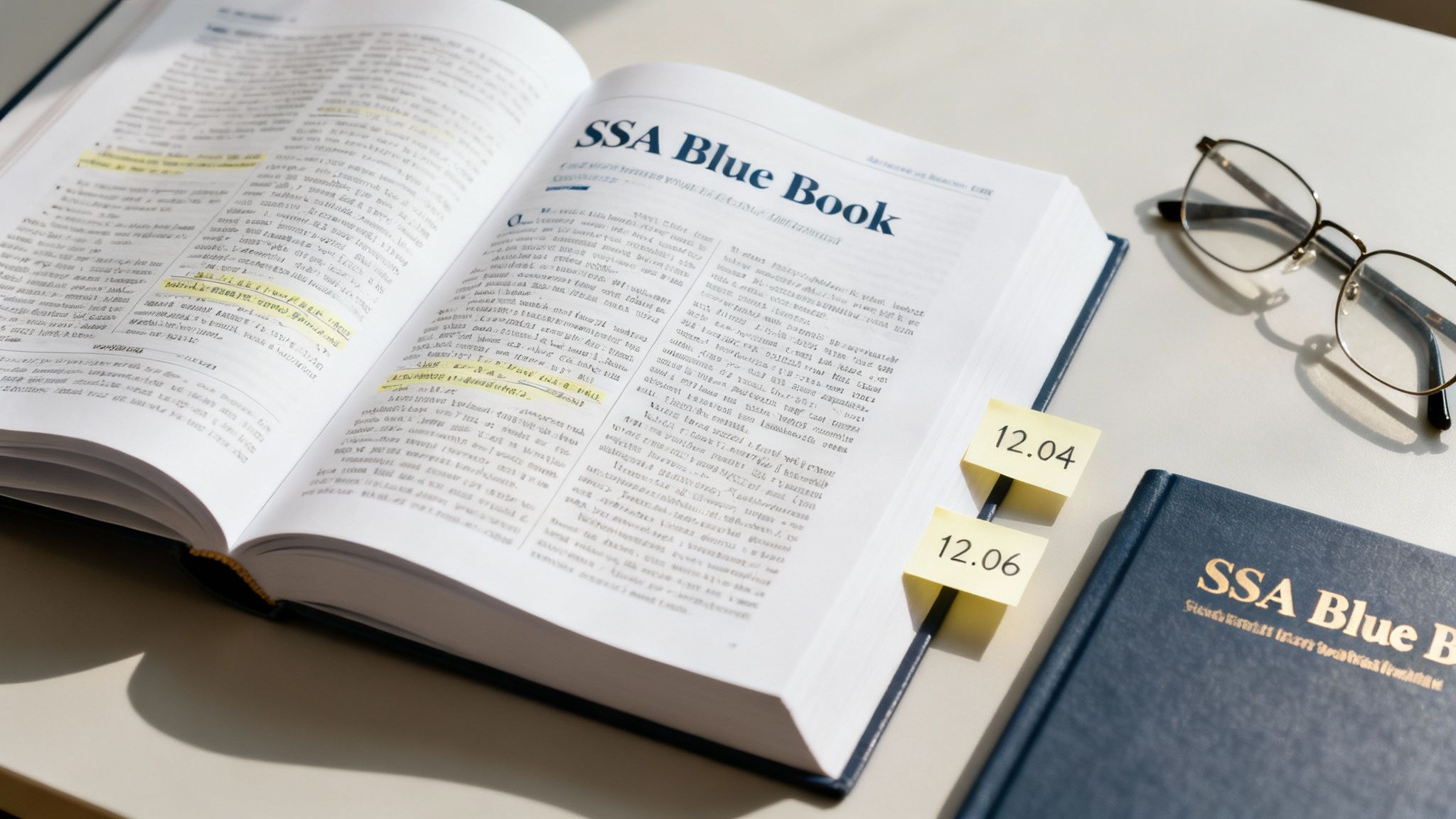 An open SSA Blue Book with highlighted text and sticky notes next to a closed book and eyeglasses.