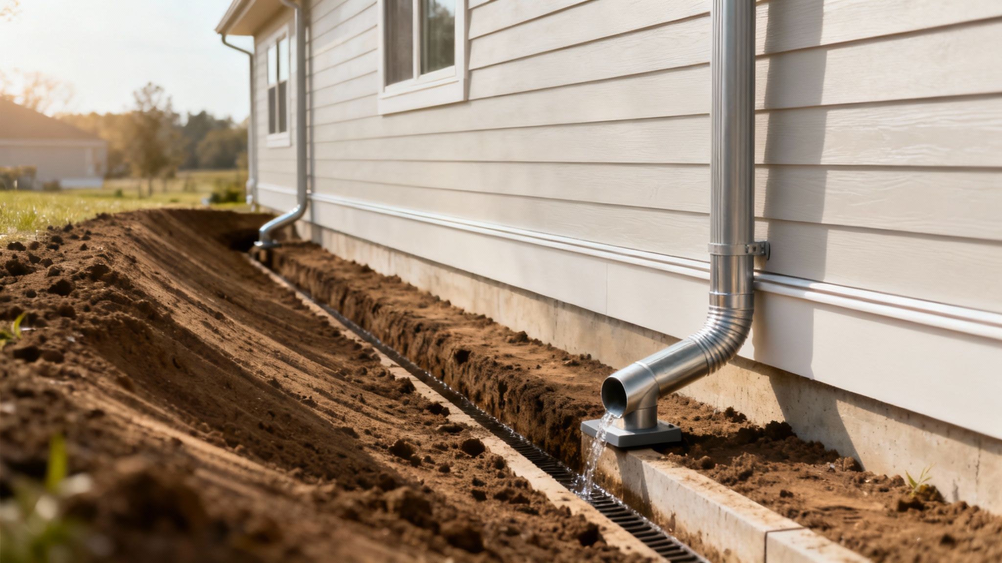 Man cleaning gutters on a residential house to prevent water overflow near the foundation.