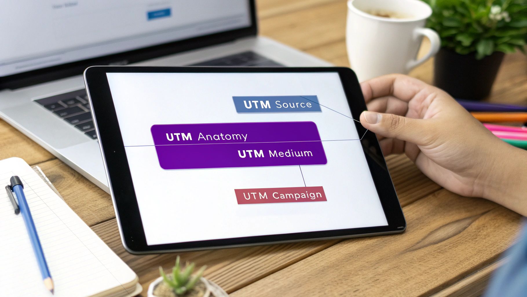 A close-up of a URL with UTM parameters highlighted, showing the different components of a trackable link.
