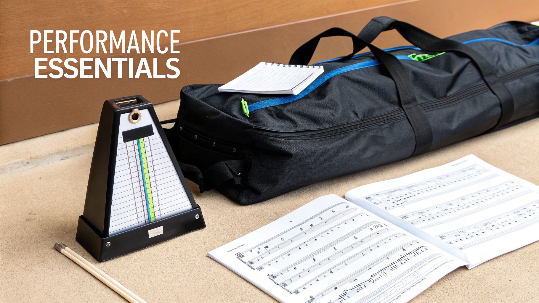 Music performance essentials including a metronome, drumsticks, sheet music, a notebook, and a black duffel bag.