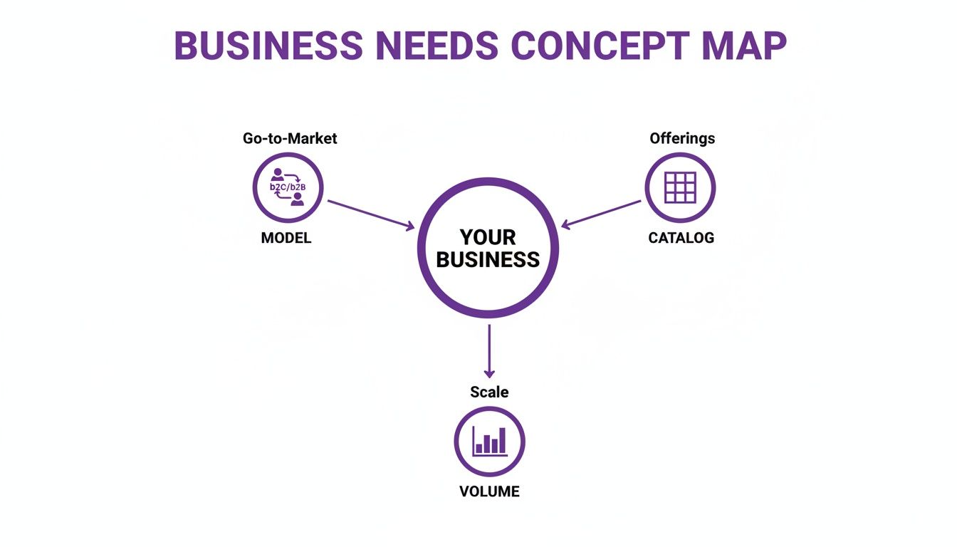 Concept map illustrating business needs: go-to-market model, offerings catalog, and scale volume for your business.