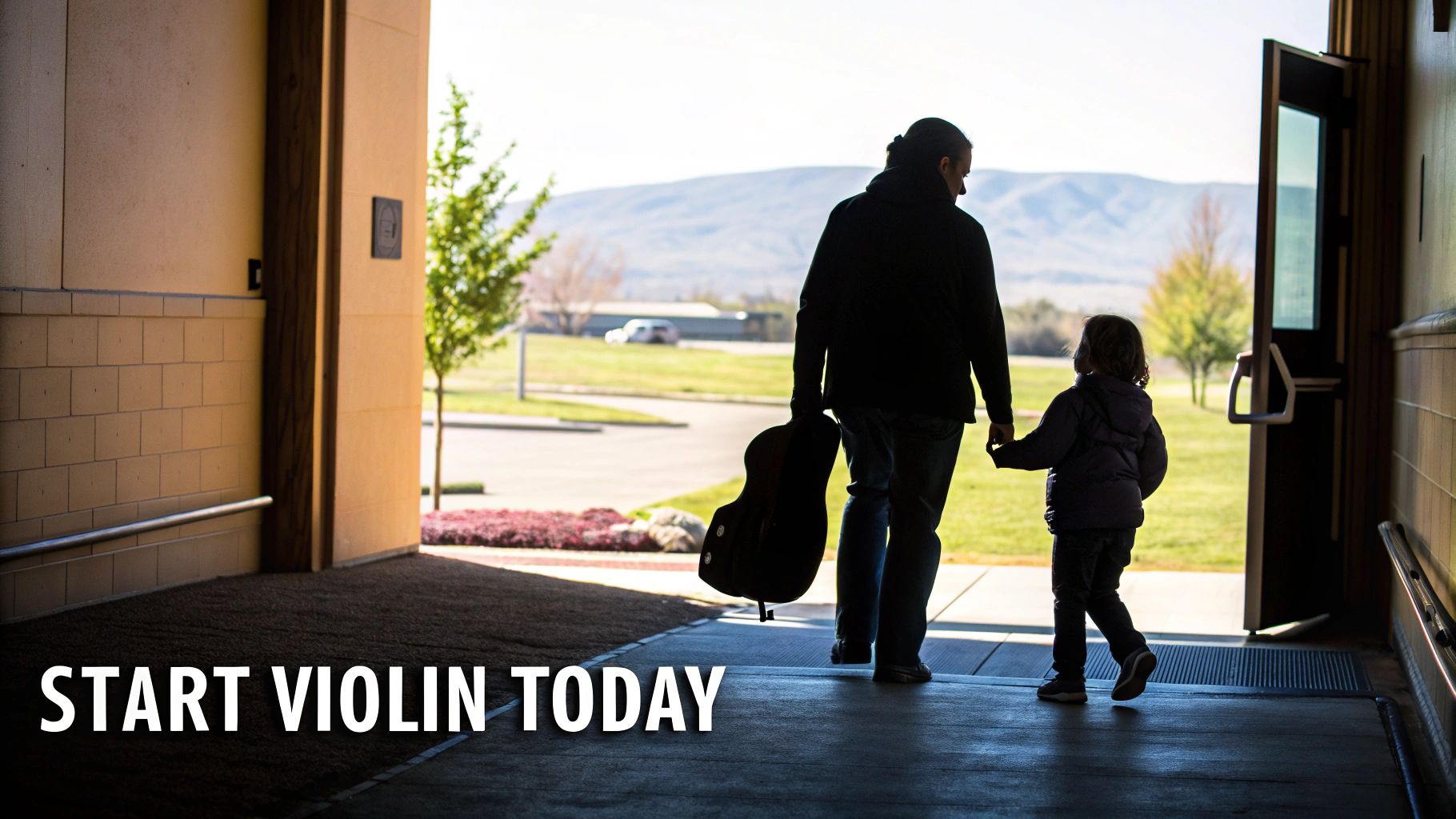 A father and child, carrying a violin, walk outdoors, inspiring to start violin lessons today.
