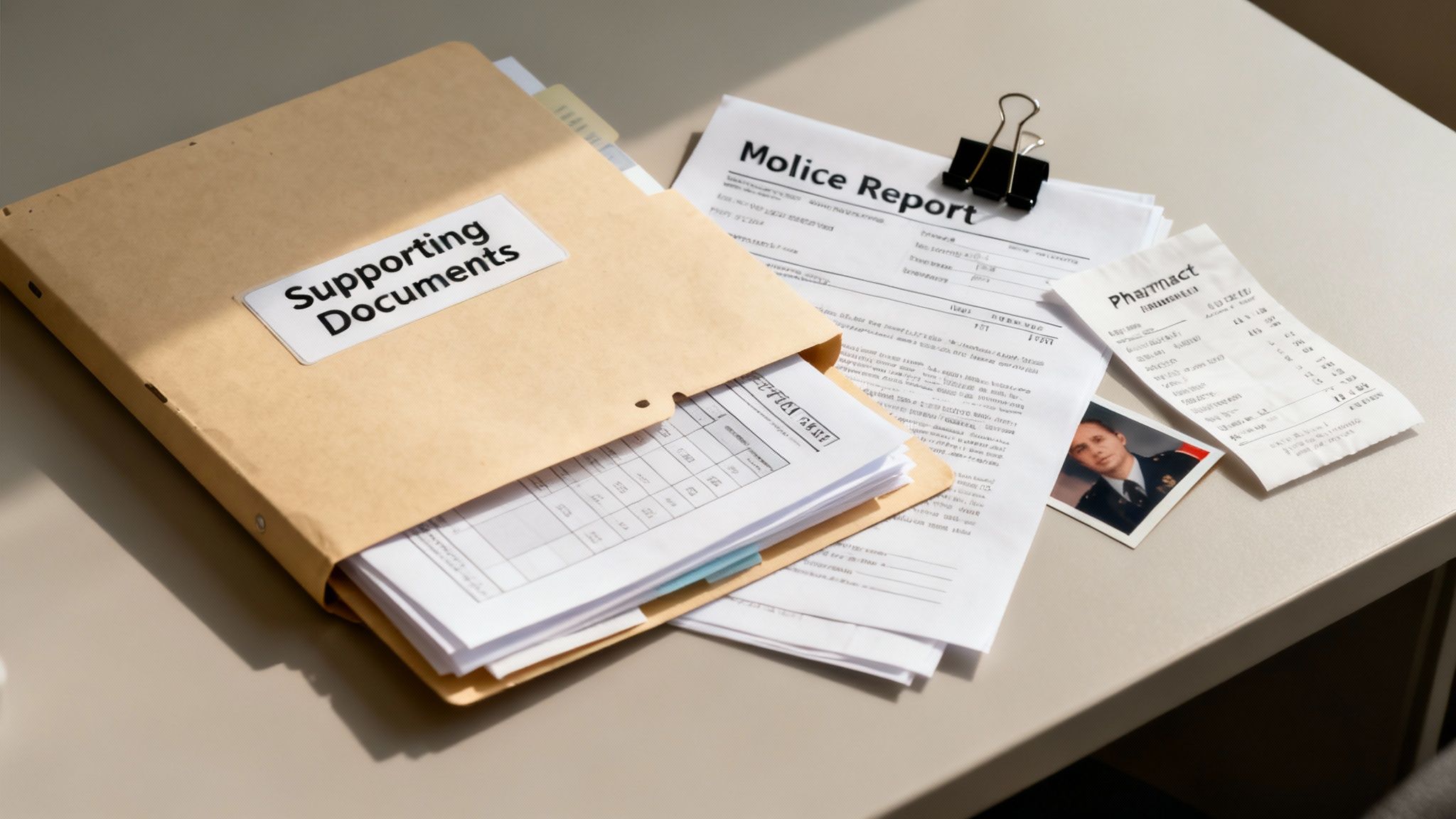 A manila folder labeled 'Supporting Documents' filled with reports, receipts, and a photo of a man.
