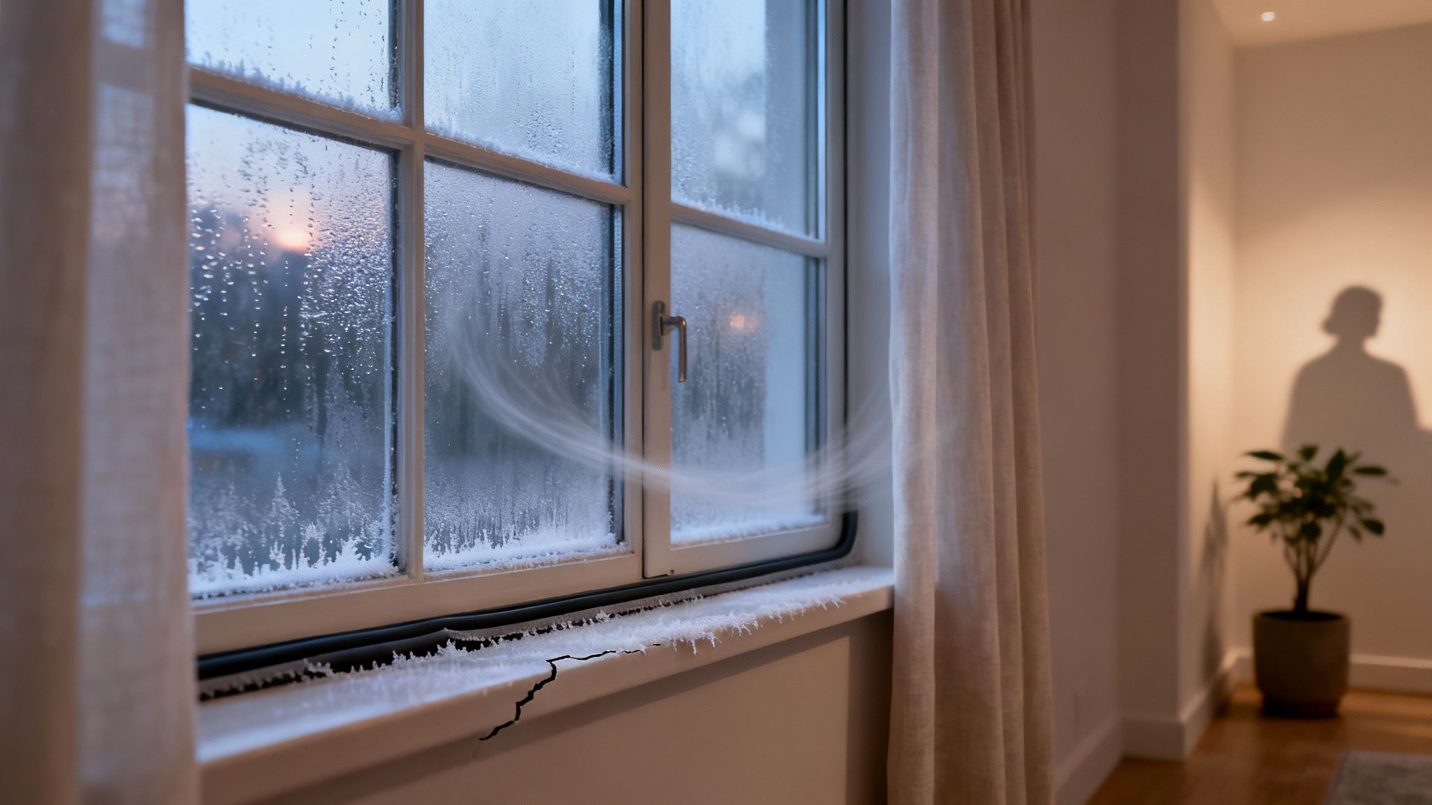 A drafty, frosted window with visible cold air entering, suggesting a need for replacement.