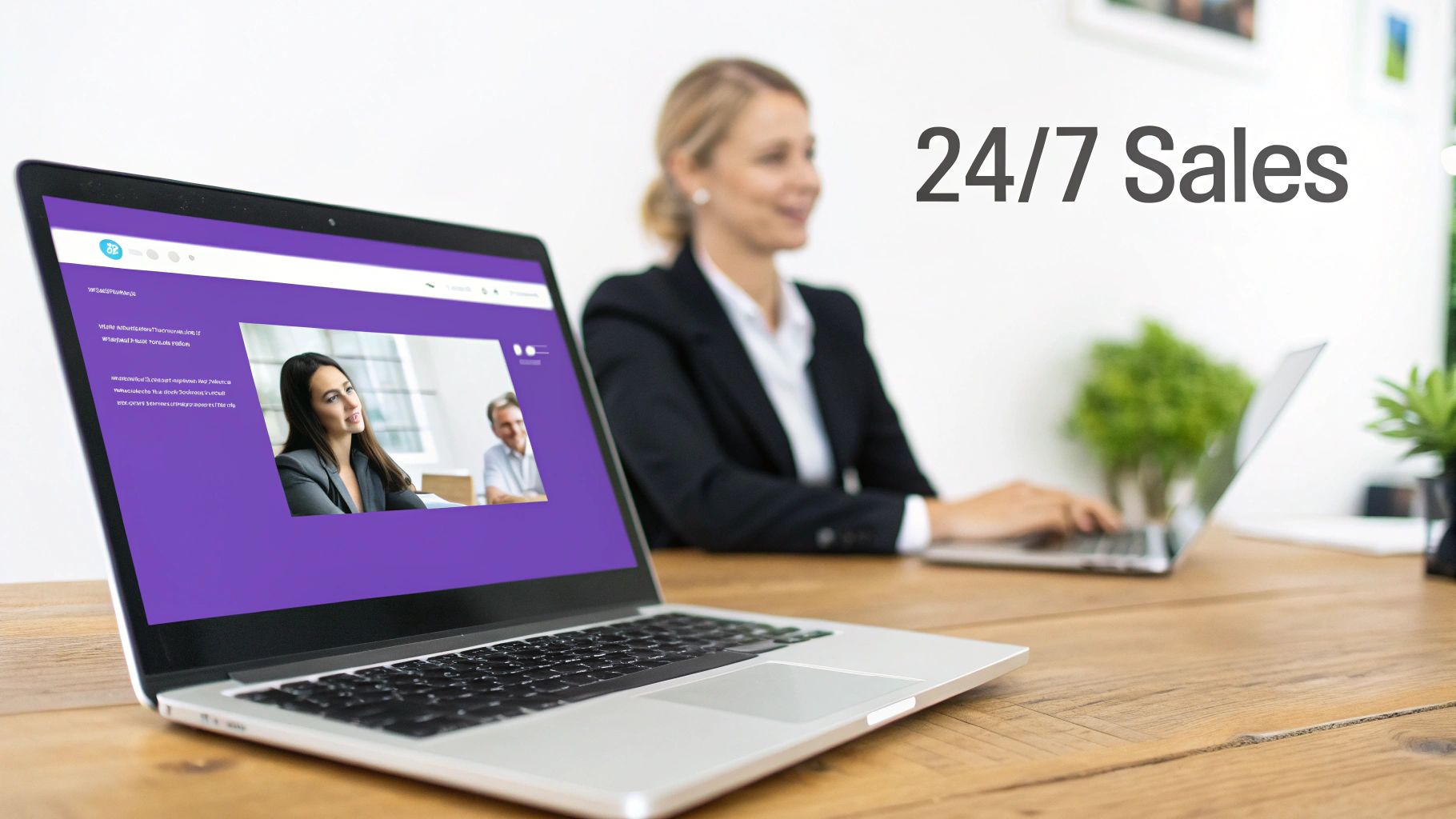 A laptop displaying a video call, with a woman working in the background and '24/7 Sales' text.