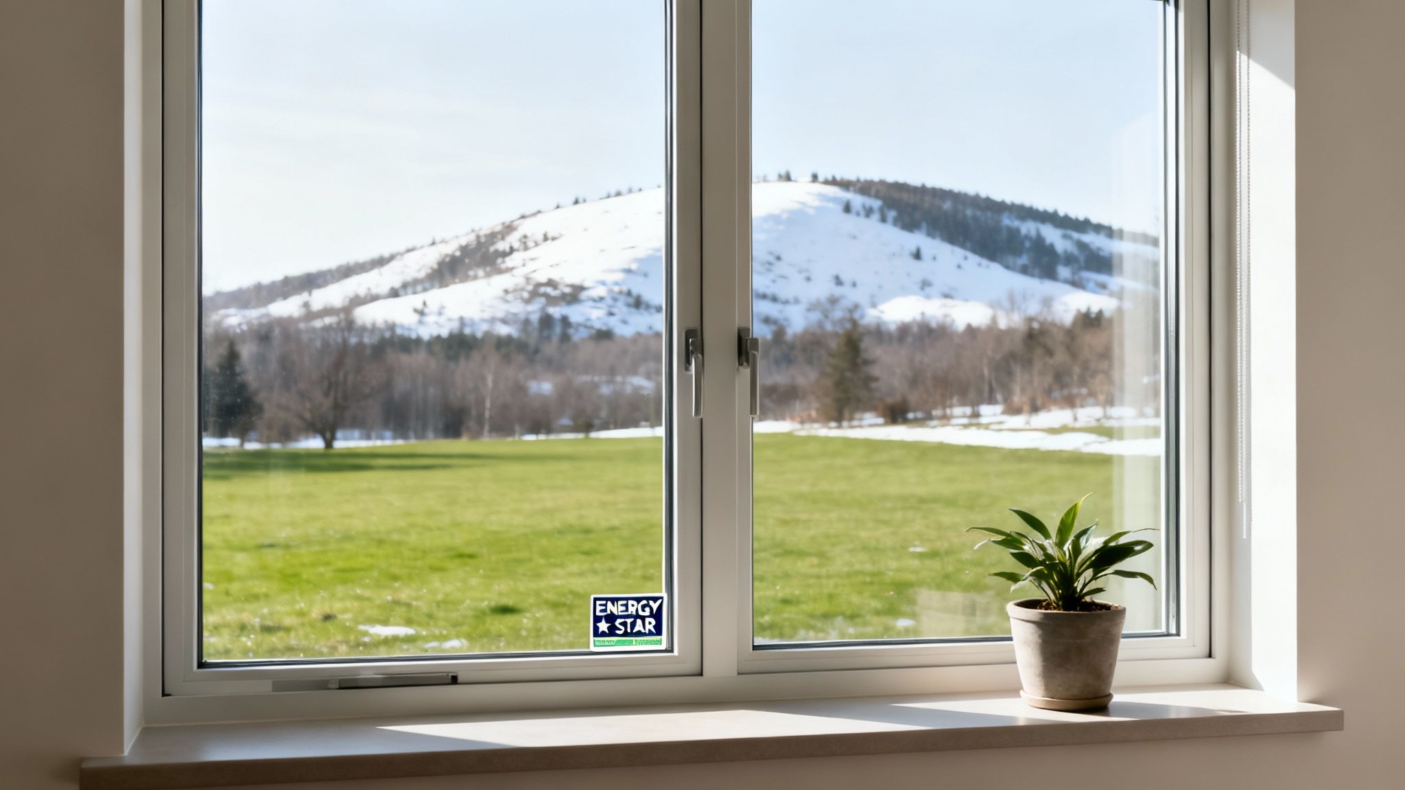 A window with an ENERGY STAR sticker overlooking a snowy mountain, green field, and a potted plant.