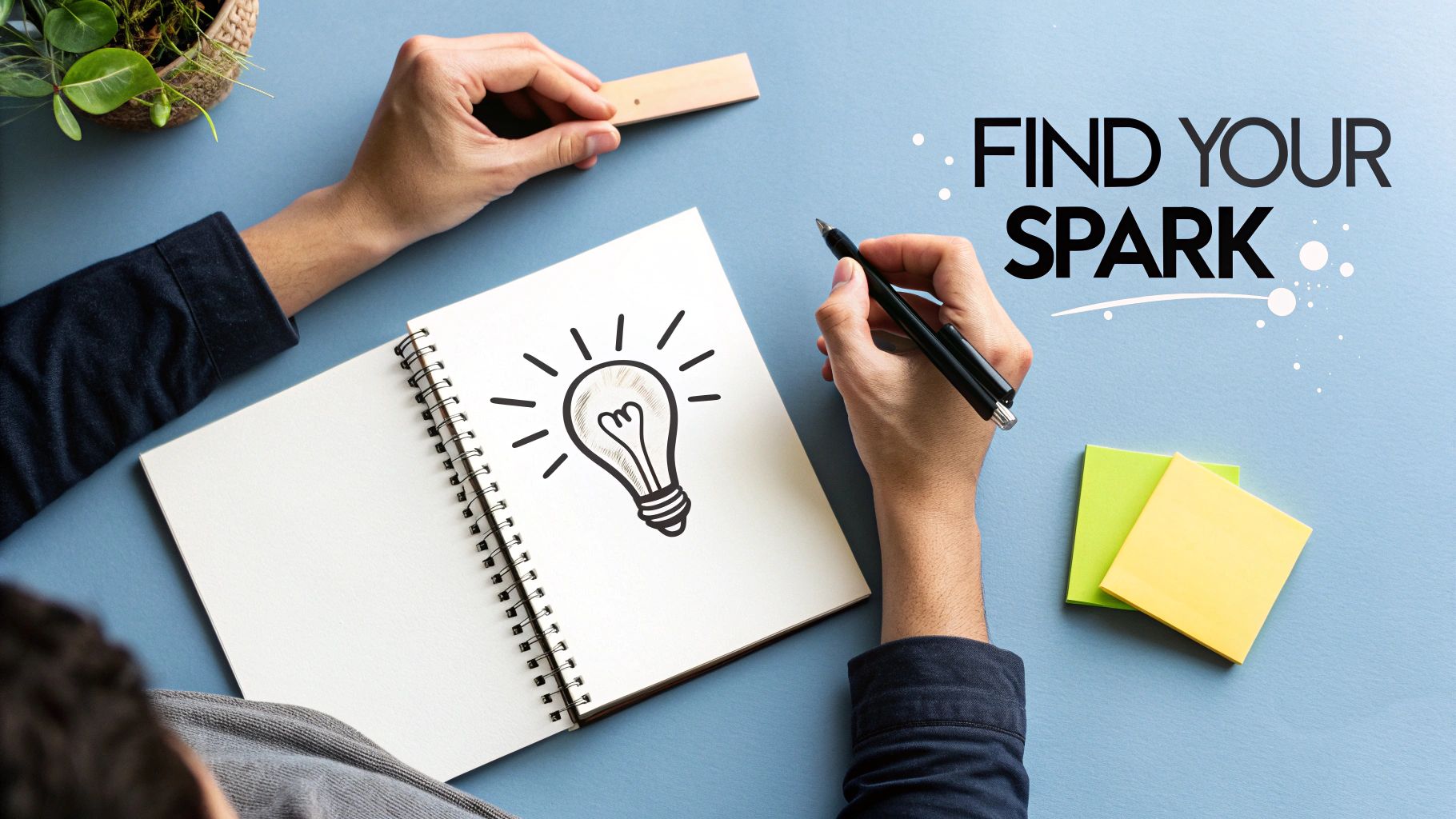 A person drawing a lightbulb idea in a notebook on a blue desk, with "FIND YOUR SPARK" text.
