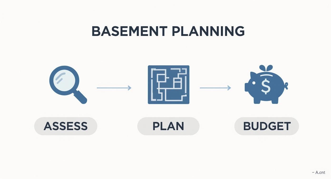 Infographic showing the three steps of basement planning: assess, plan, and budget, with icons.