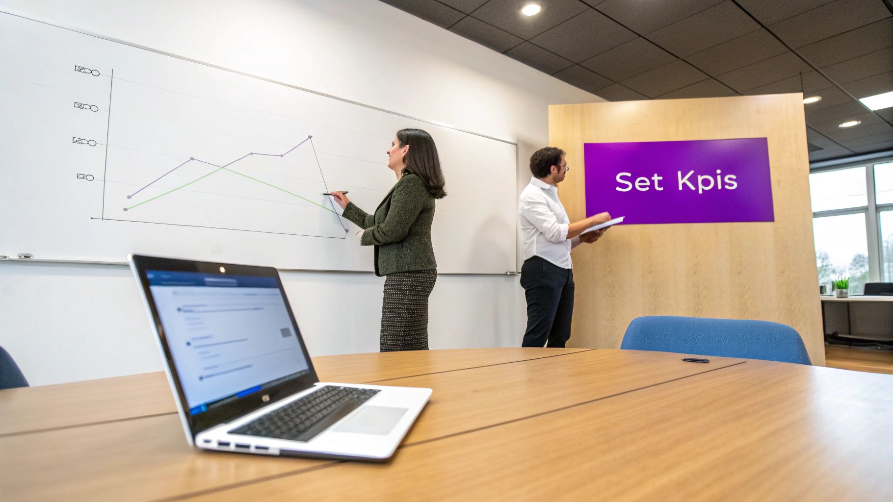 Business colleagues collaborating in a meeting room, analyzing graphs and planning KPIs.