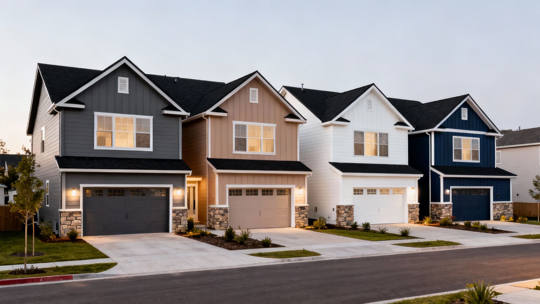 A row of modern two-story houses with various siding colors and dark roofs on a clear day.