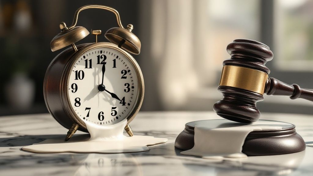 A close-up of a ticking clock face, emphasizing the concept of a legal deadline starting.