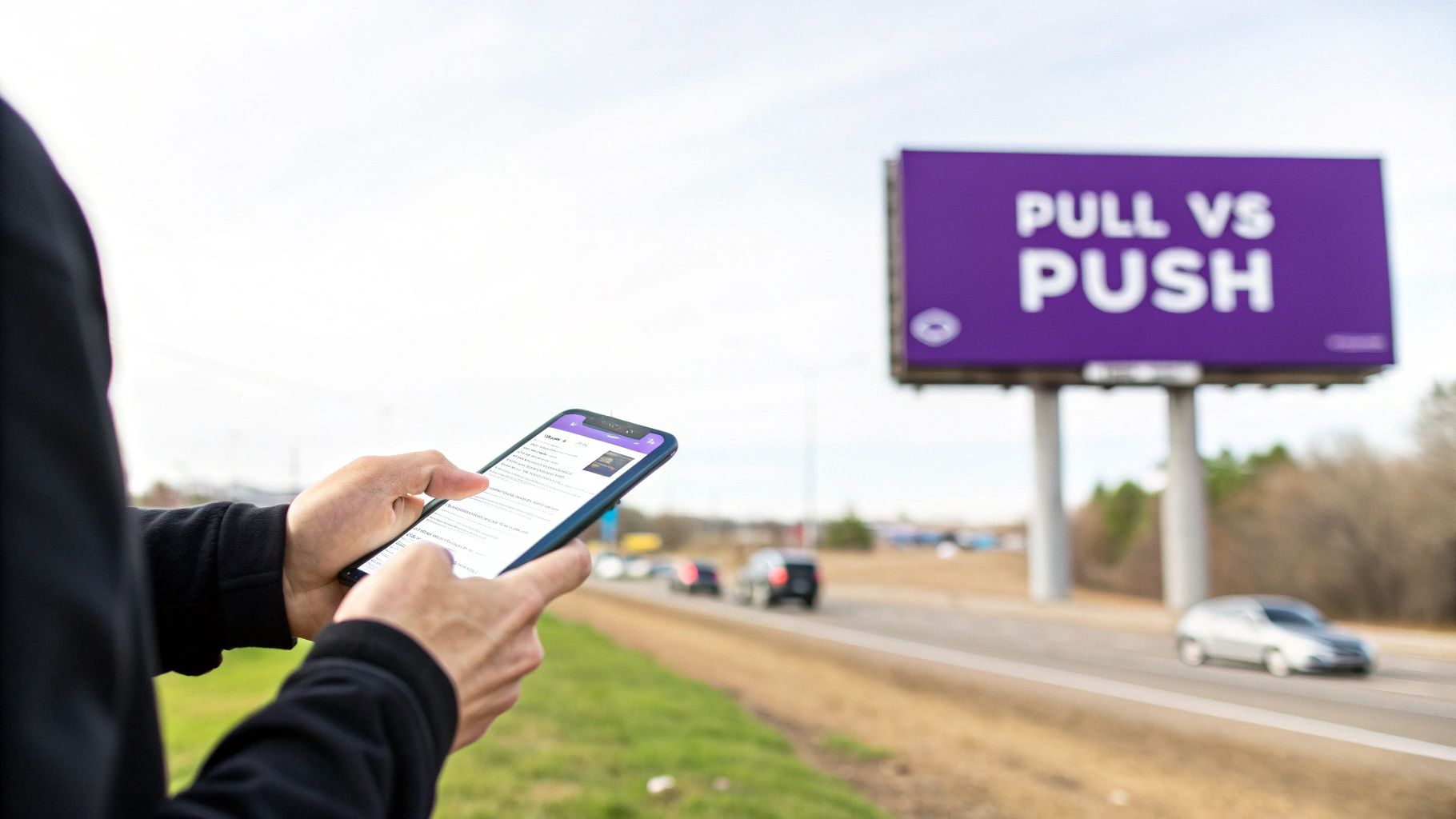 Close-up of hands using a smartphone, with a purple 'PULL VS PUSH' billboard on a highway.