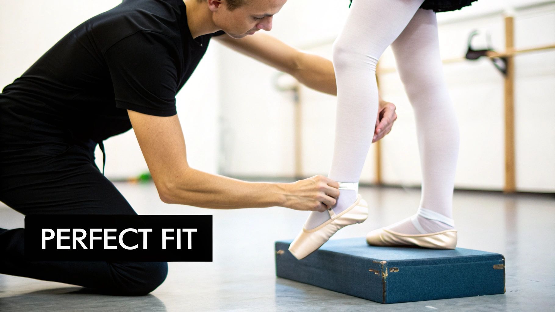 A ballet instructor carefully adjusts a pointe shoe on a dancer's foot for a perfect fit.