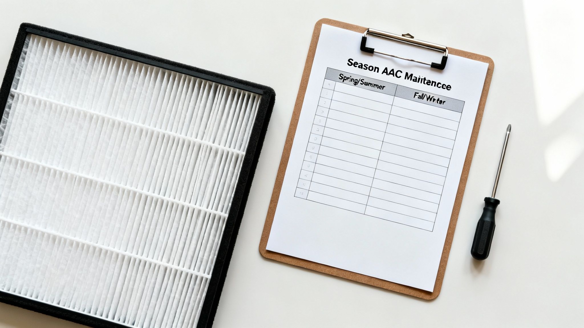A clean HVAC air filter, a seasonal maintenance checklist, and a screwdriver on a white surface.