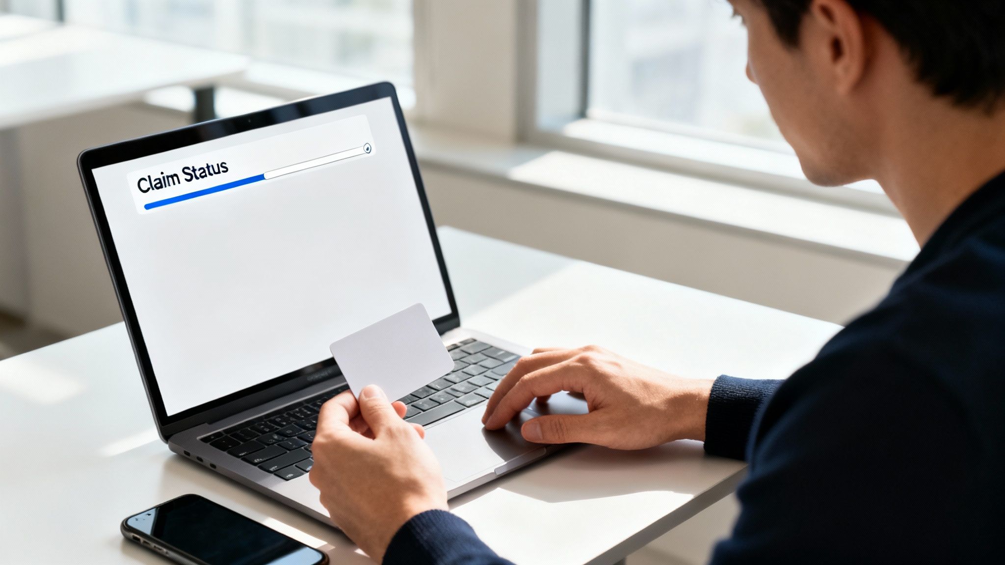 A person checks claim status on a laptop, holding a white card, with a phone nearby.