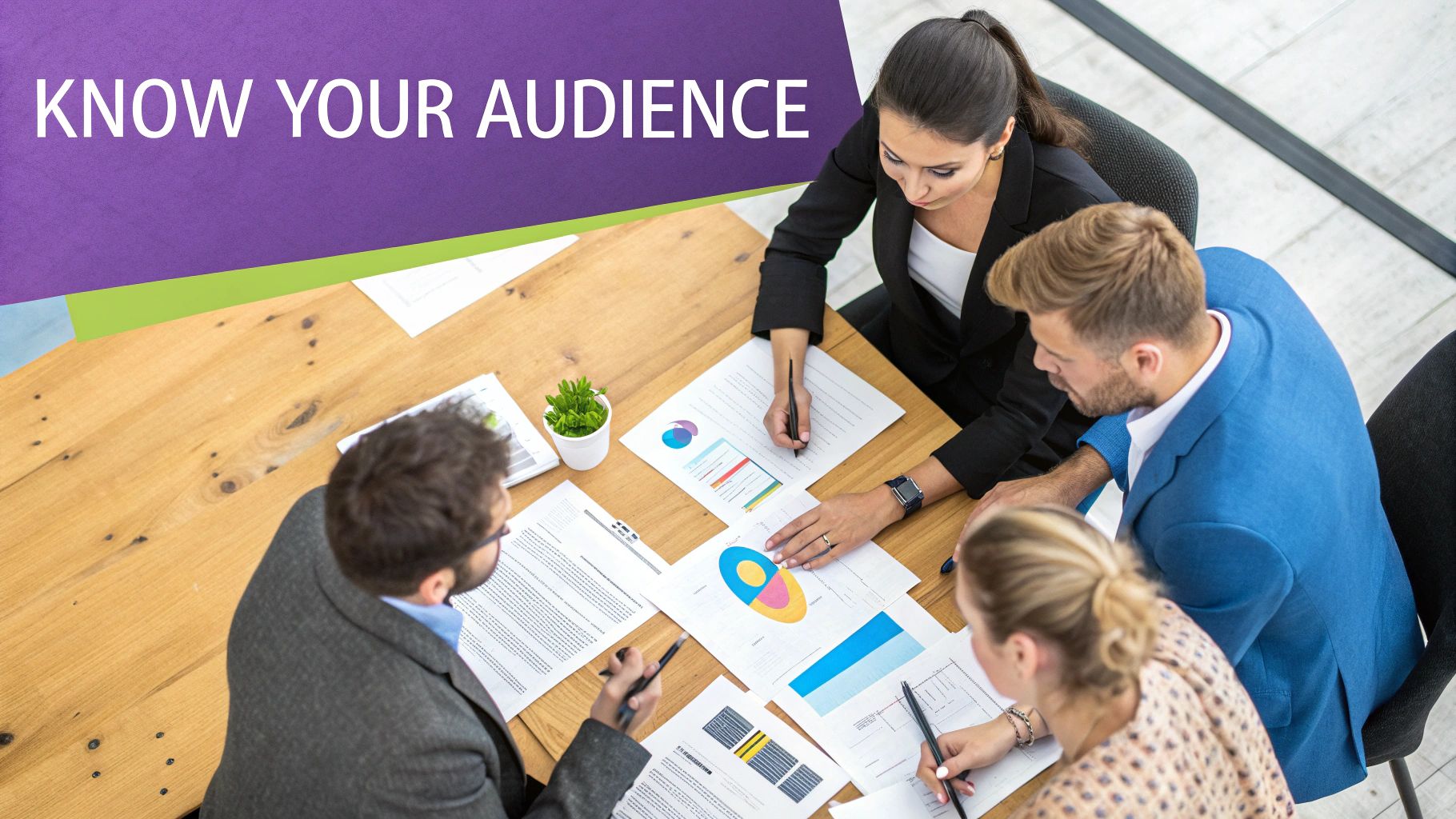 Woman analyzing charts and graphs on multiple computer screens, representing audience research for Facebook ads.