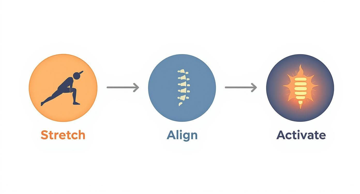 A three-step process diagram showing 'Stretch' (person stretching), 'Align' (spine icon), and 'Activate' (glowing spine).