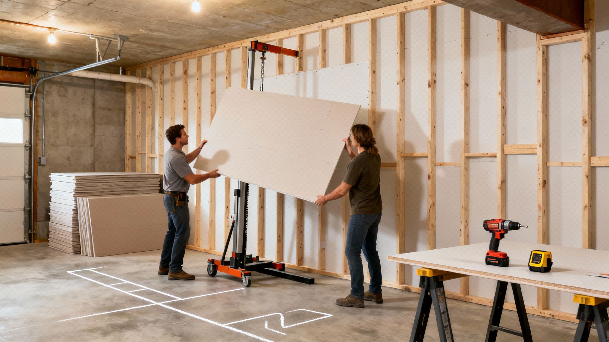 Two men installing a large drywall panel onto a framed wall in a basement using a lift.