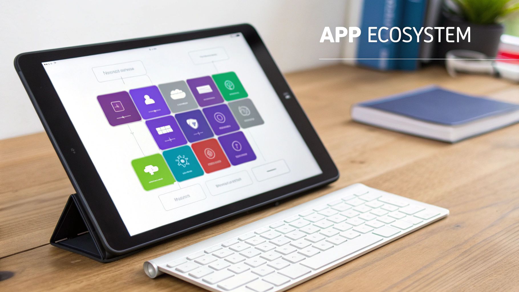 A tablet displaying a colorful app ecosystem flowchart next to a wireless keyboard on a wooden desk.