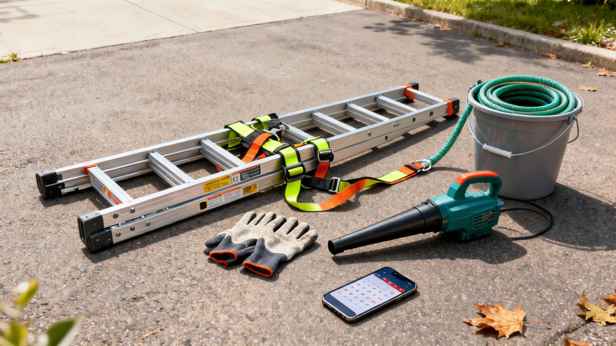 Various home maintenance tools, including a ladder, leaf blower, hose, and gloves on asphalt.