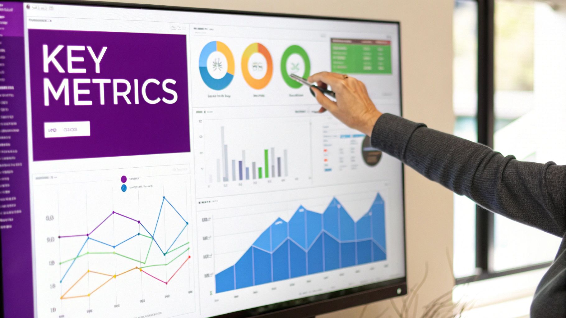 A digital dashboard showing various marketing KPIs and charts, indicating performance tracking.