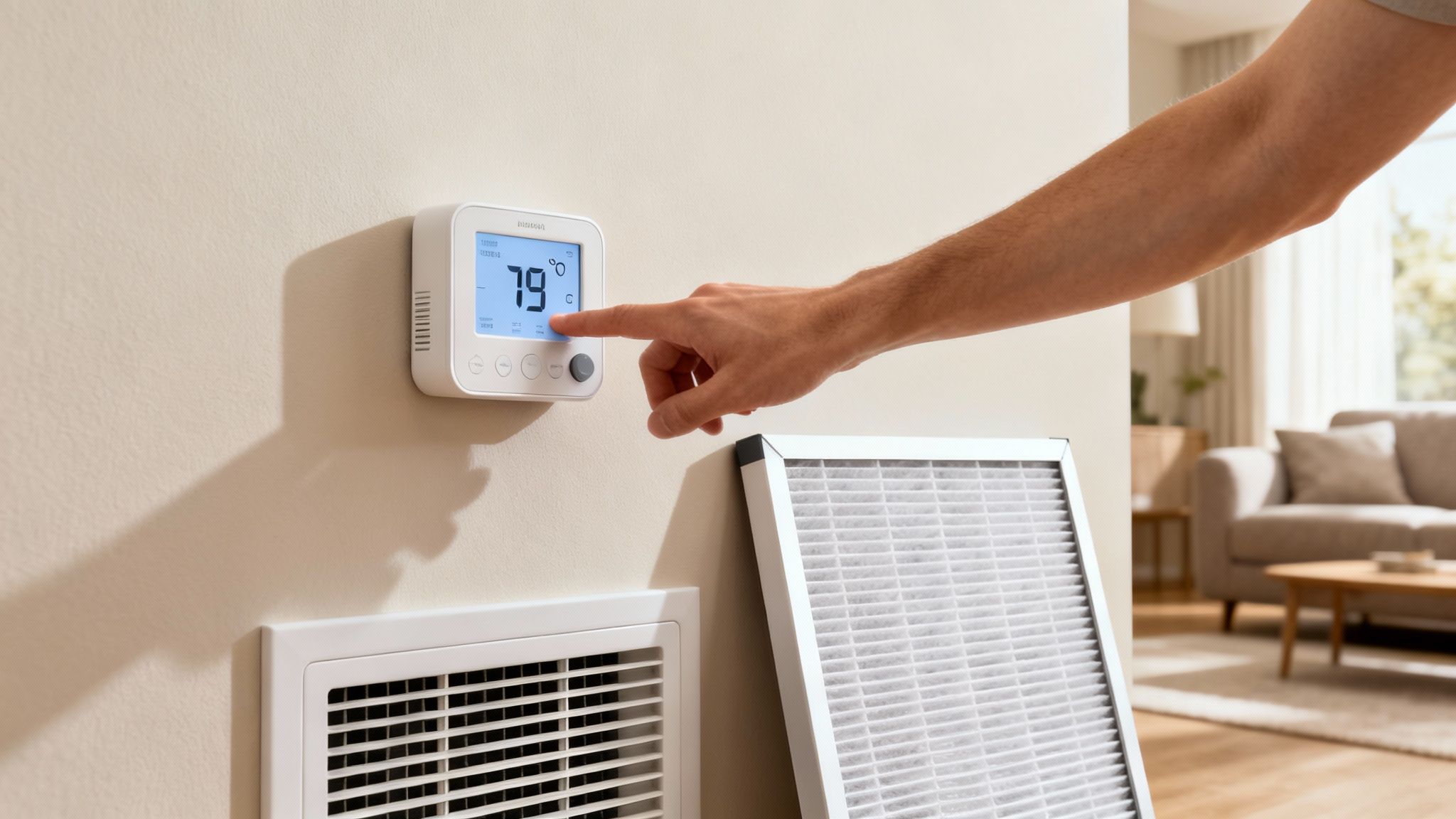 A hand adjusts a smart thermostat displaying 79 degrees, with new air filters and a vent nearby.