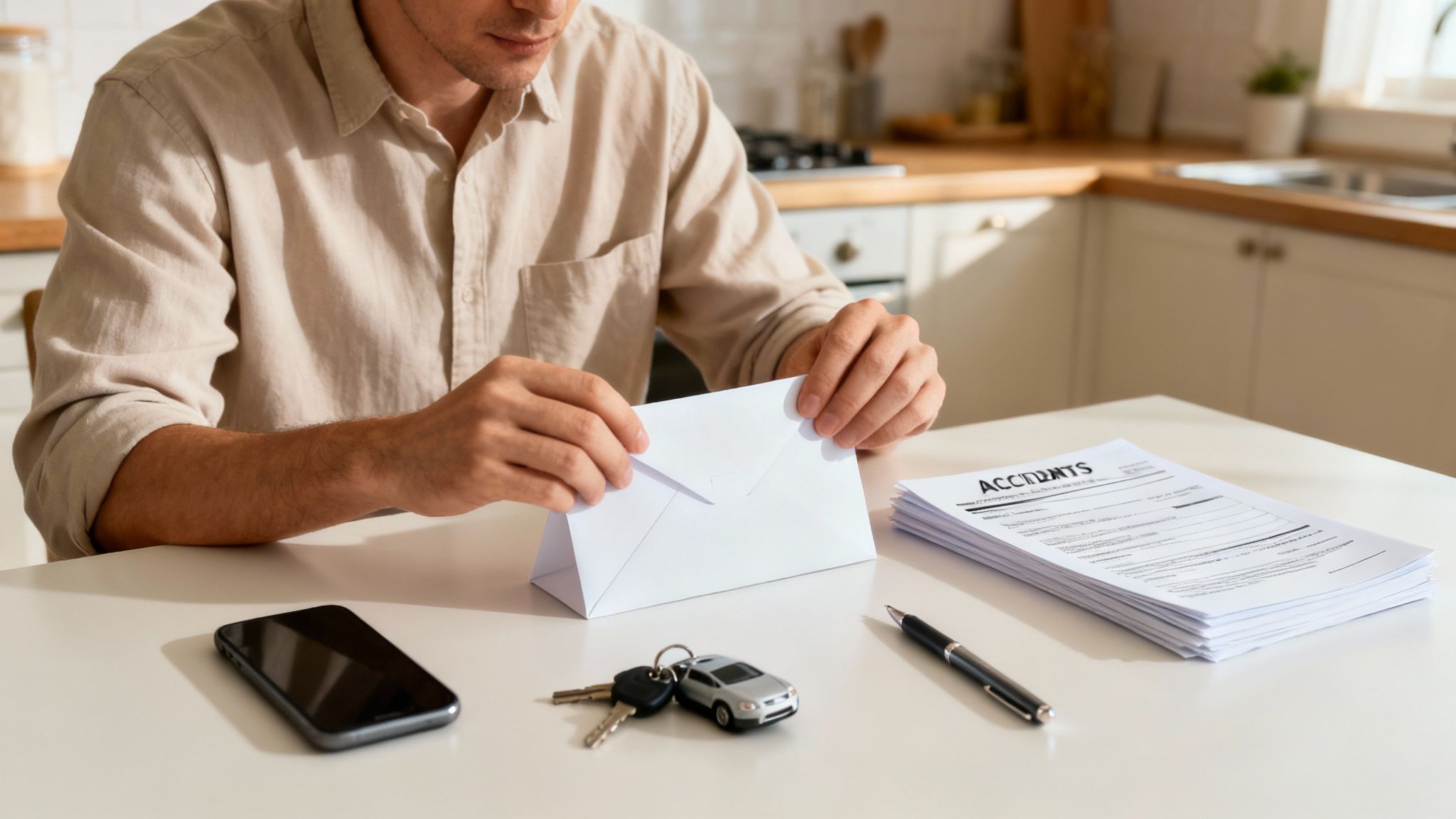 A man seals an envelope, with car accident documents, keys, phone, and a pen on a table.